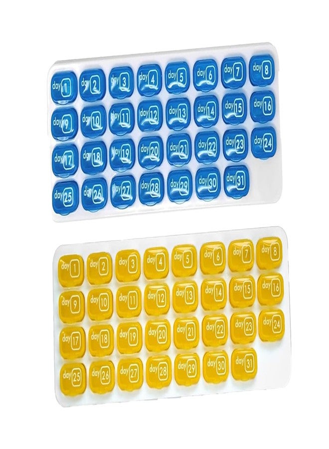 pill thing AM/PM 31 Day Monthly Pill Organizer Holder with Removable Medication Pods and Bonus Medical Alert Card - Blue for Morning & Grey for Evening (Blue & Yellow) - Image 1